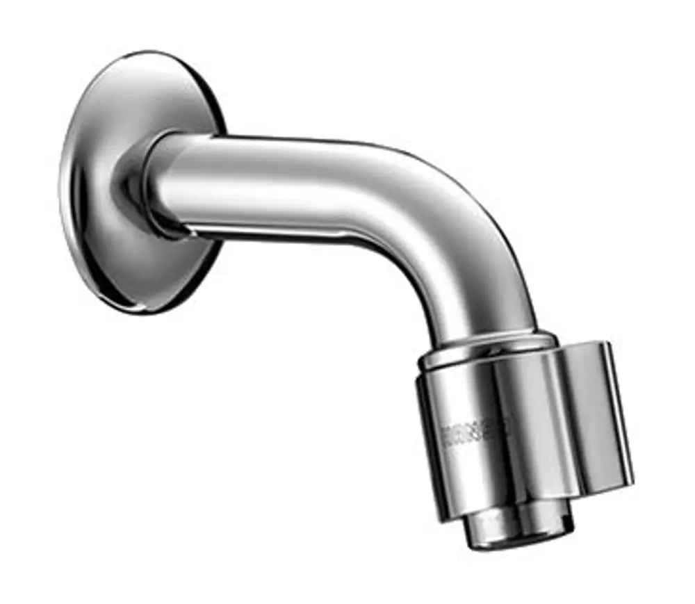 Chromfarbener Wasserhahn mit gebogenem Auslauf und Befestigungsring, passend für Einhebelmischer von HANSA.